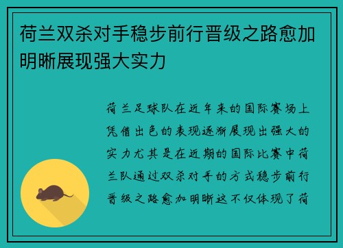 荷兰双杀对手稳步前行晋级之路愈加明晰展现强大实力